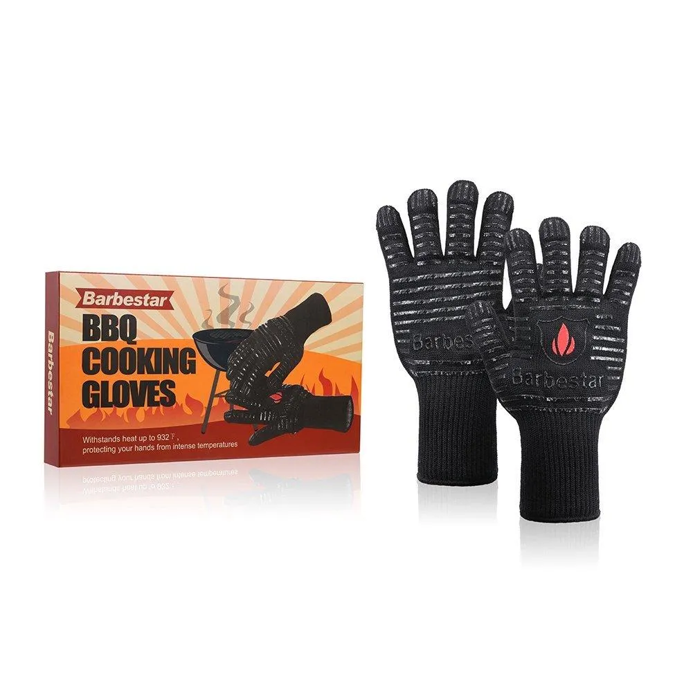 Barbestar Extreme Heat Resistant Grilling Cooking Gloves, 14&quot; Flexible Oven Mitts,EXTRA Length Forearm Protection, Protection up to 932&deg;F, Professional Safe for BBQ Kitchen Baking-Black(1 Pair)