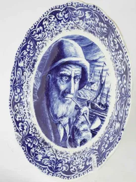 Blue & white Delft plate w/ bearded man smoking 13¾"