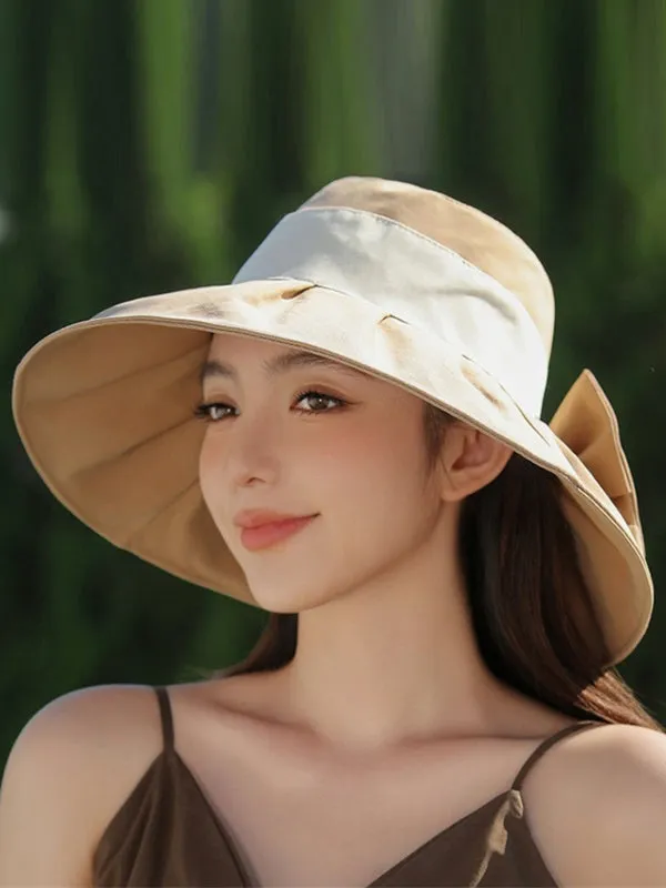 Bowknot Contrast Color Pleated Split-Joint Fisherman Hat Sun Hat