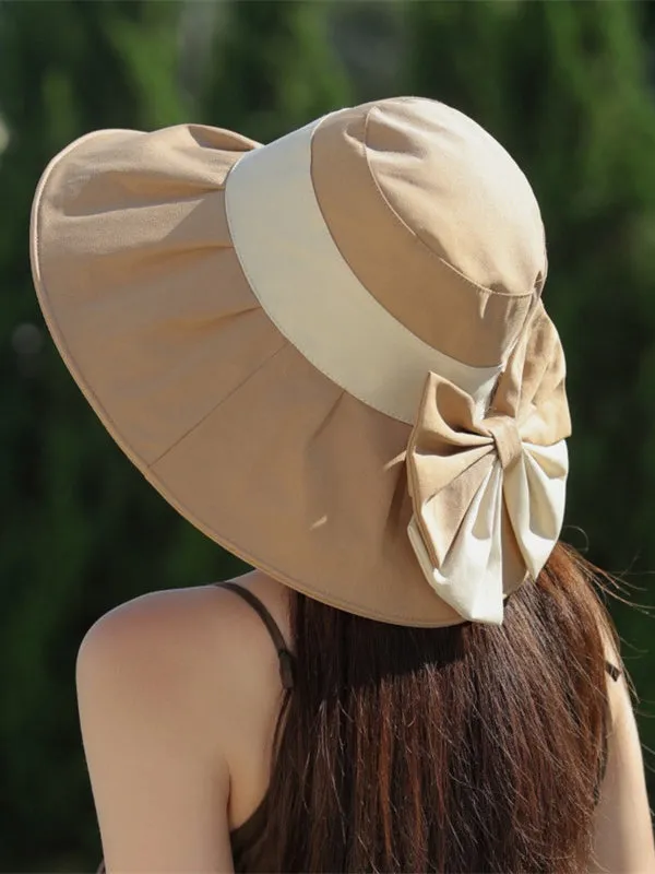 Bowknot Contrast Color Pleated Split-Joint Fisherman Hat Sun Hat