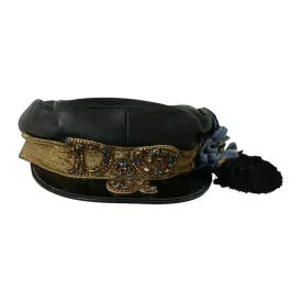 Dolce & Gabbana Black Leather Crystal Beads Gold Ribbon Fiddler Cap