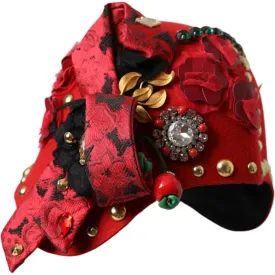 Dolce & Gabbana Red Crystal Gold Roses Brooch Embellished Hat