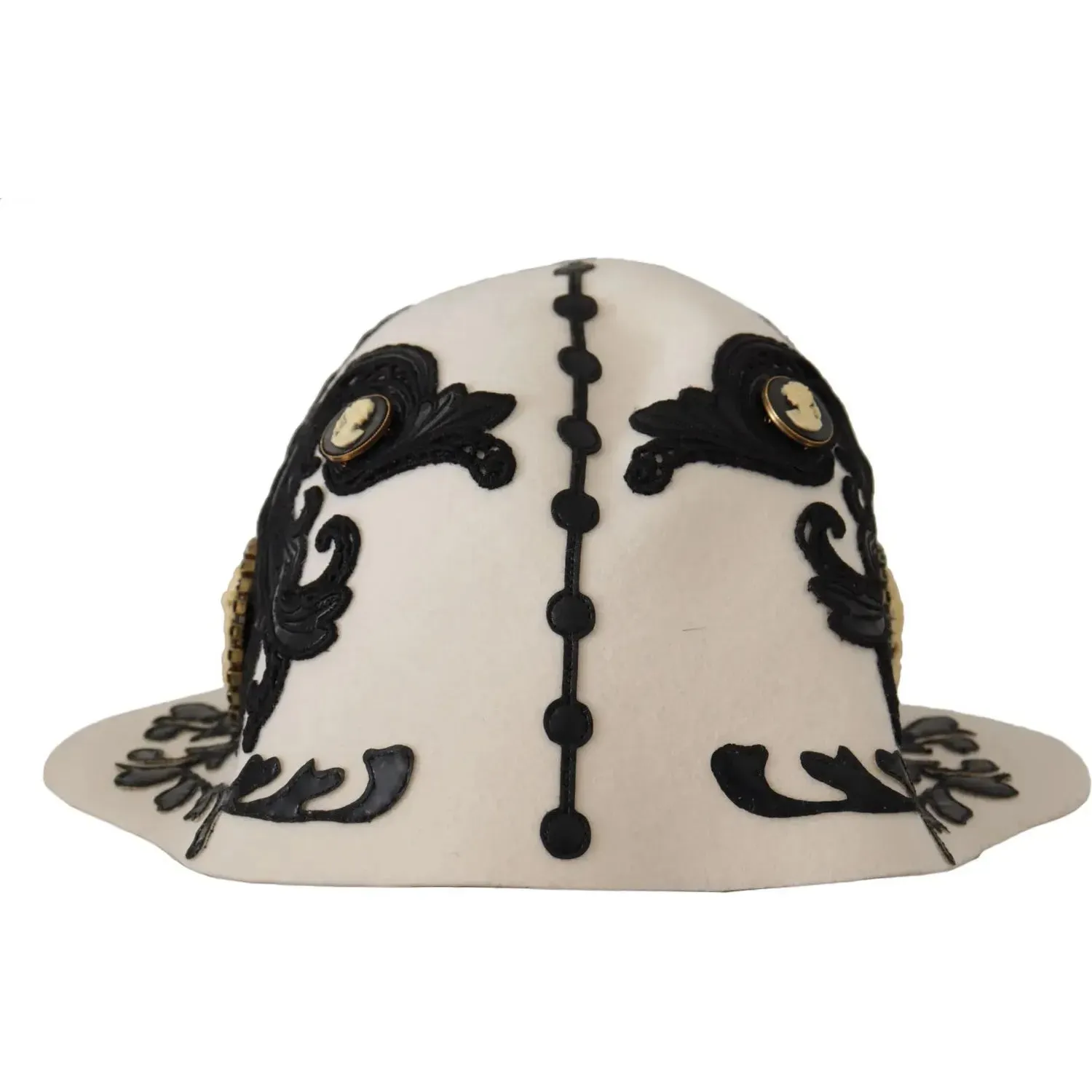 Dolce & Gabbana White Black Wool Embroidered Cameo Brooch Hat