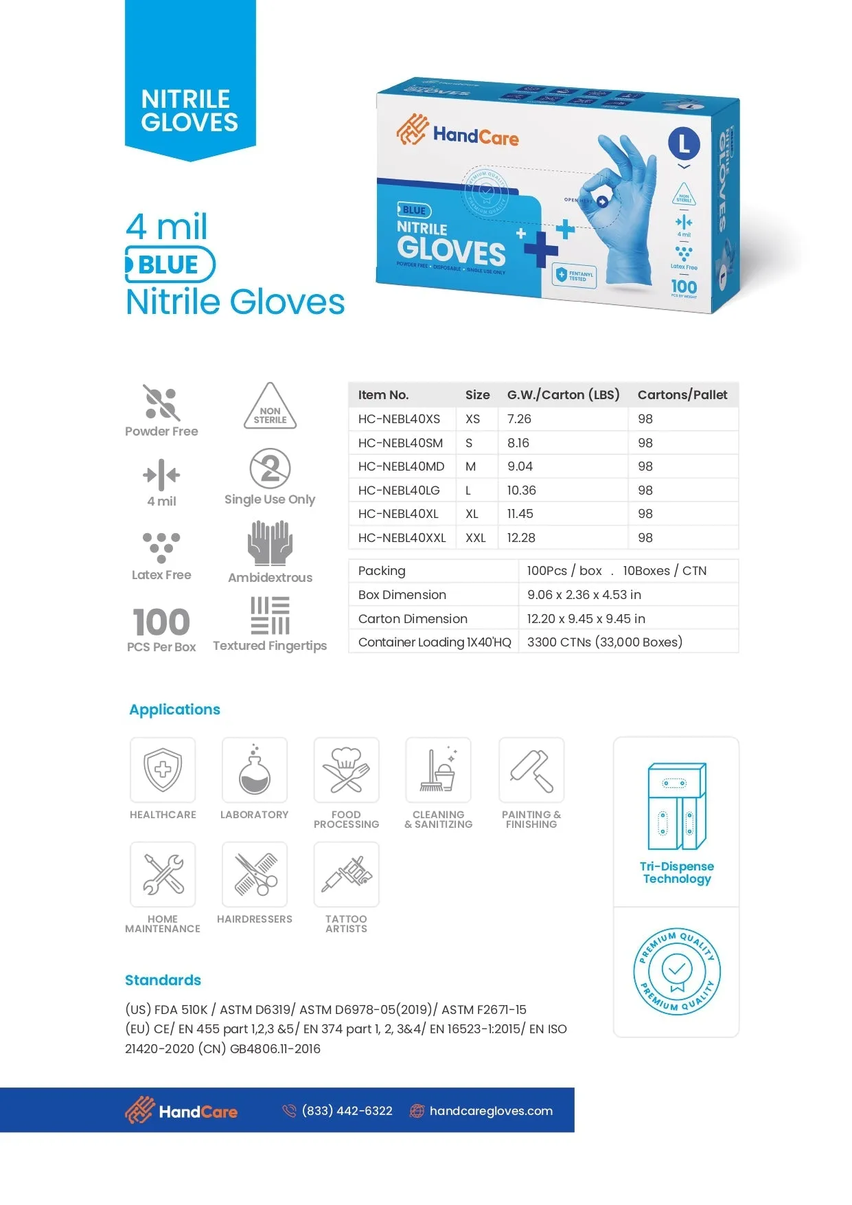 HandCare Blue Nitrile Gloves - Exam Grade, Powder Free (4 Mil), 100 Cases (Bulk)