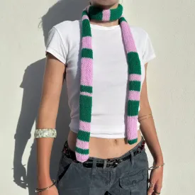 Handmade knitted stripy skinny scarf in baby pink and green