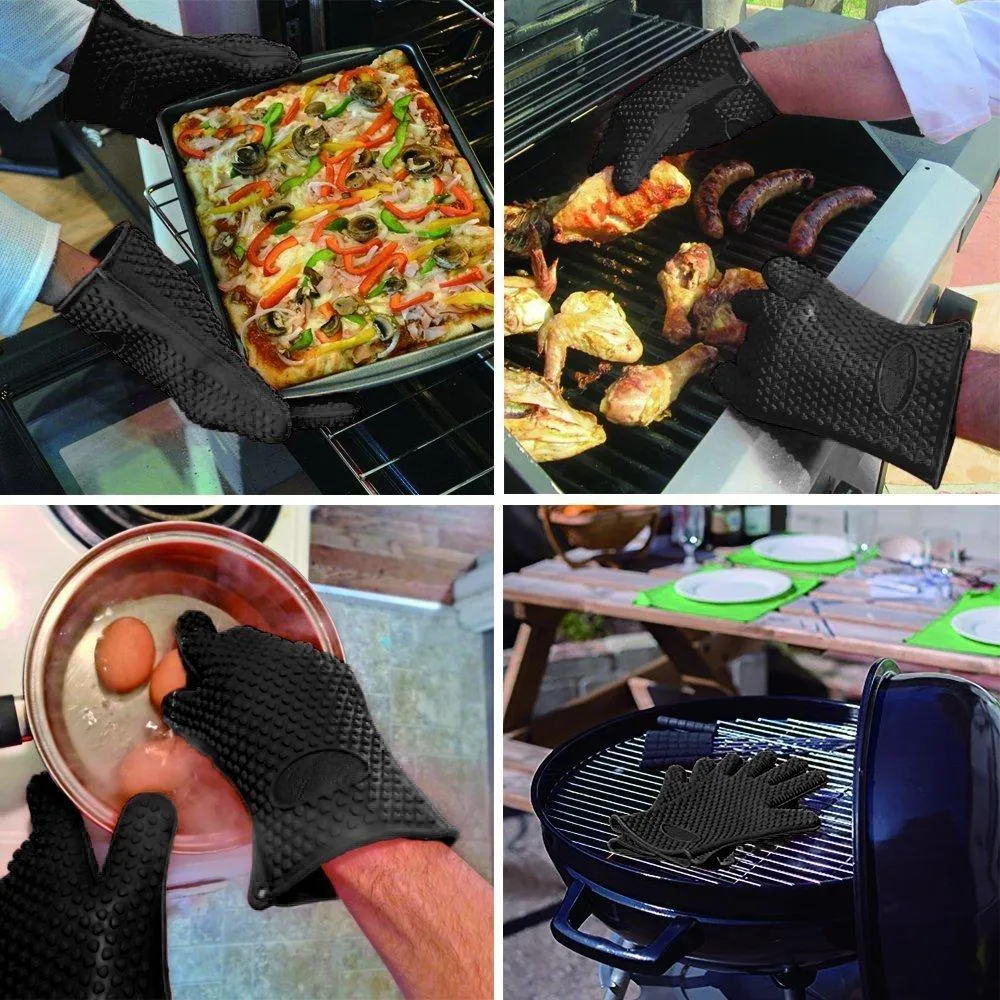 Homar Set of 2 Silicone Heat Resistant BBQ Grill Gloves Oven Mitts and Pot Holder - Best in BBQ Accessories - Waterproof Max Heat Gloves Perfect for Cooking, Camping, Grilling, Smoking and Baking (Black)