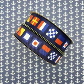 Nautical Flag ribbon flags spell NEWPORT with a navy blue background printed on  7/8" white satin and grosgrain