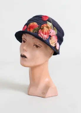 Vintage 1920s Navy and Pink Pomegranates Cloche Hat