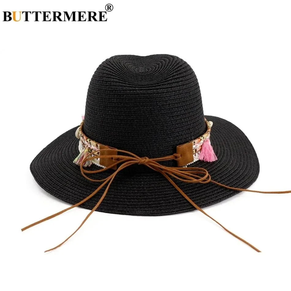 Women Straw Sun Hat - Buttermere Casual Beach Hat with Tassel, Solid Color, 56-58cm Size