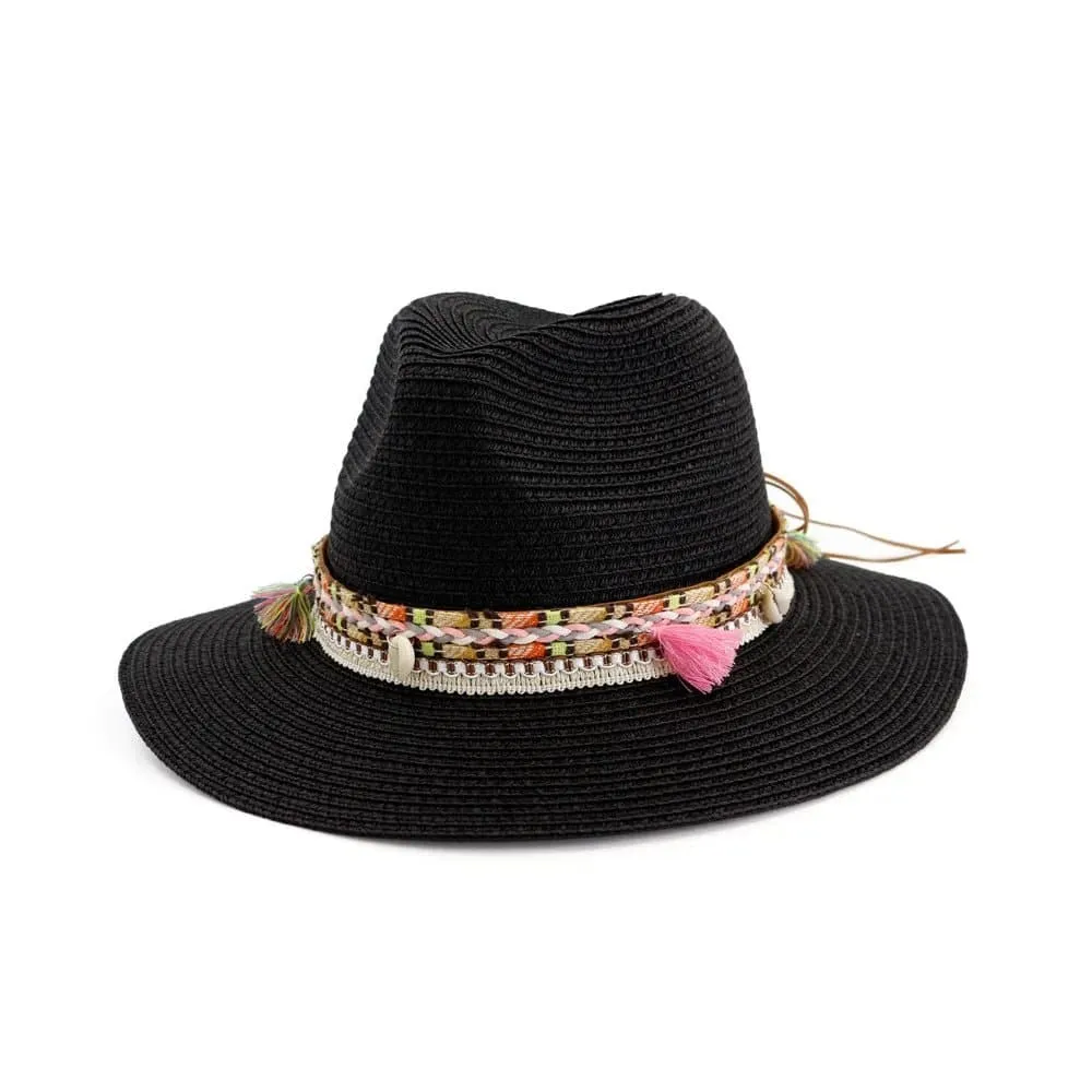 Women Straw Sun Hat - Buttermere Casual Beach Hat with Tassel, Solid Color, 56-58cm Size