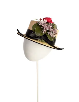 Yves Saint Laurent Vintage 1960s Velvet Floral Woven Straw Boater Hat